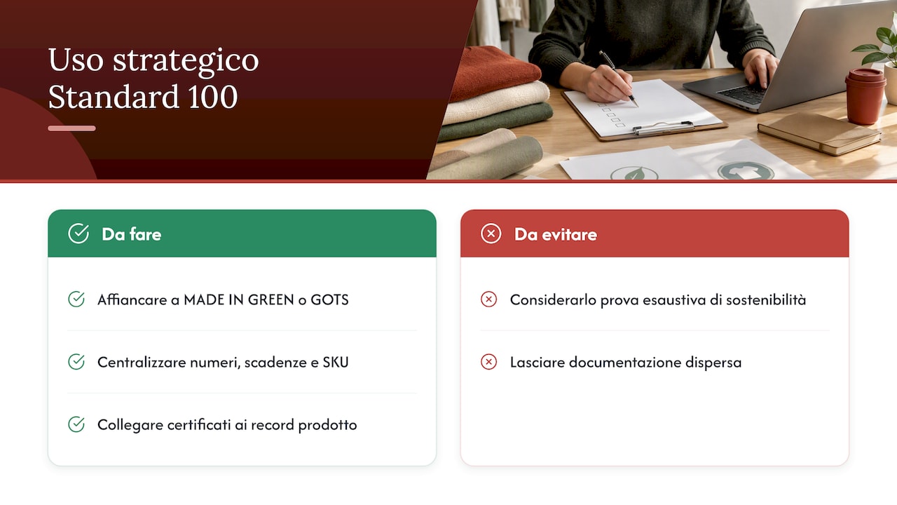 Raccomandazioni strategiche per buyer ed ESG sull'uso dello Standard 100 — overview diagram