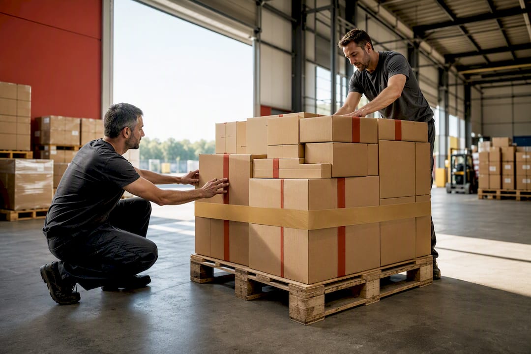 Cartoni riciclati impilati su un pallet