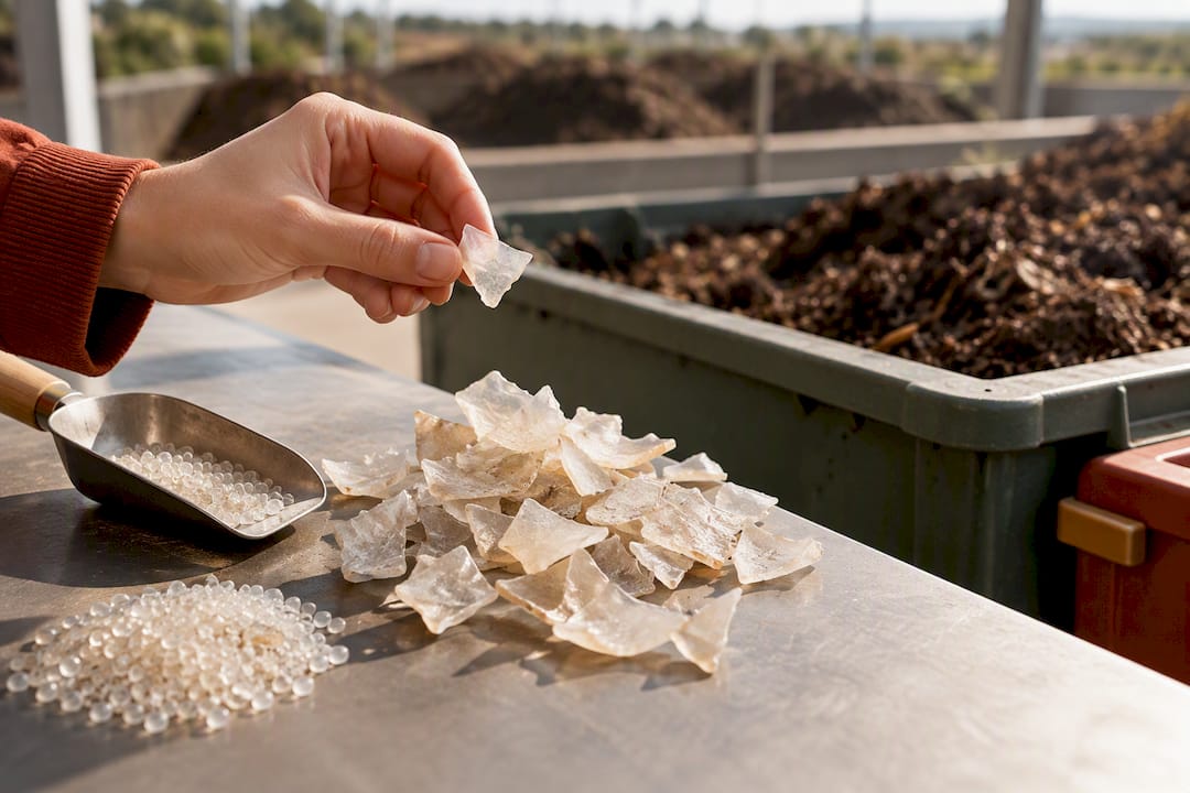 Frammenti di bioplastica nell’area di compostaggio