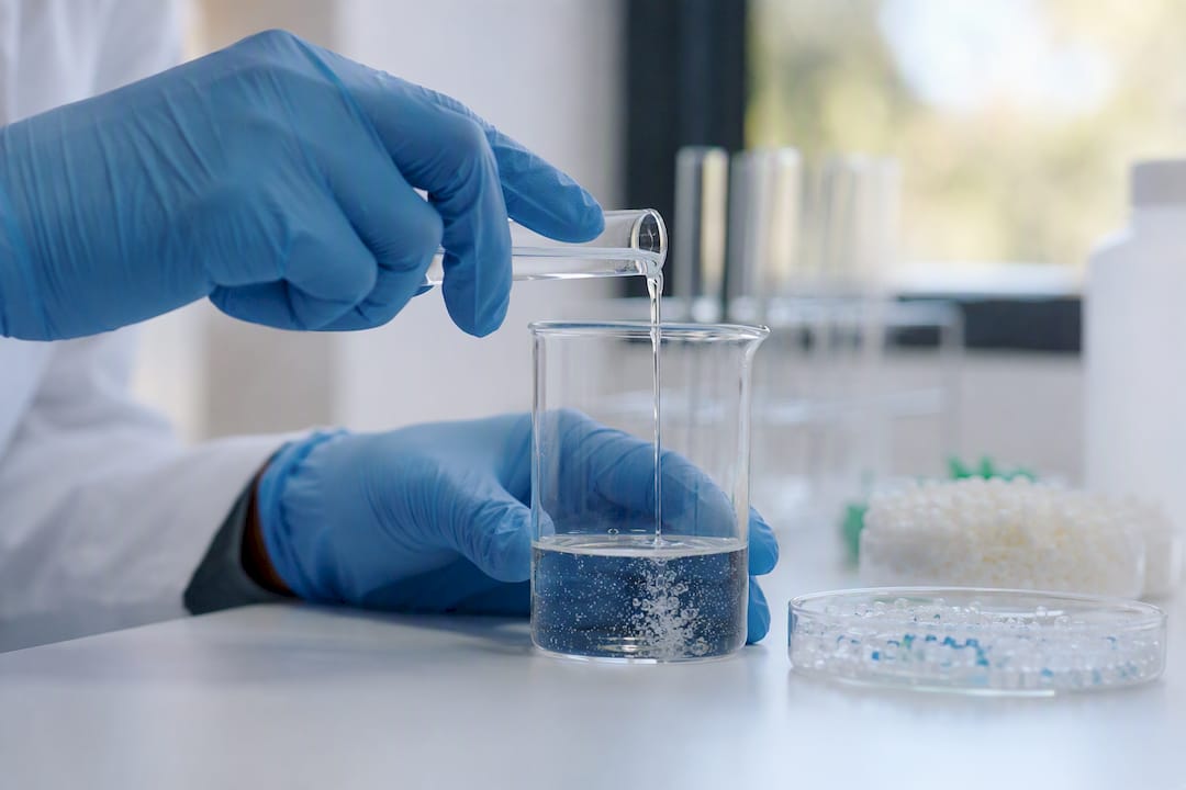 Mani che effettuano test su materiale plastico per alimenti