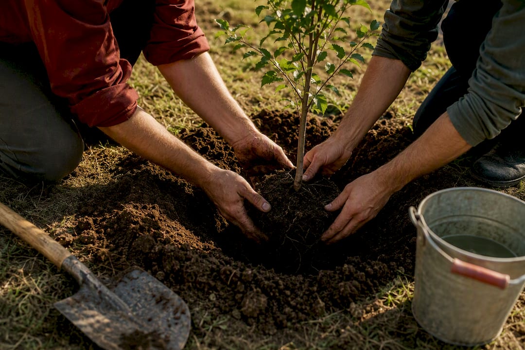 Mani che mettono a dimora un giovane albero