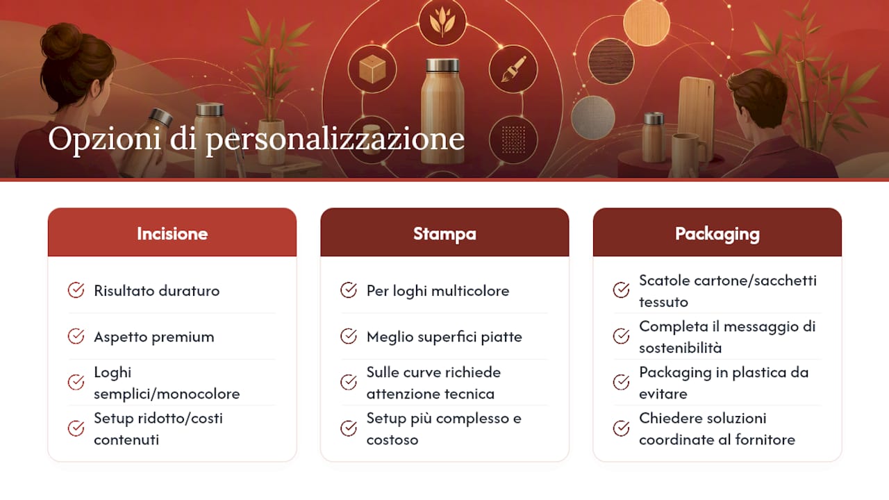 Opzioni di personalizzazione: stampa, incisione, packaging e minimi d'ordine — overview diagram