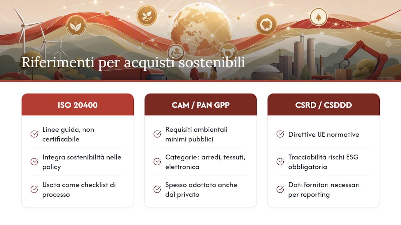Standard e riferimenti pratici: ISO 20400, CAM, CSRD/CSDDD e PAN GPP — overview diagram
