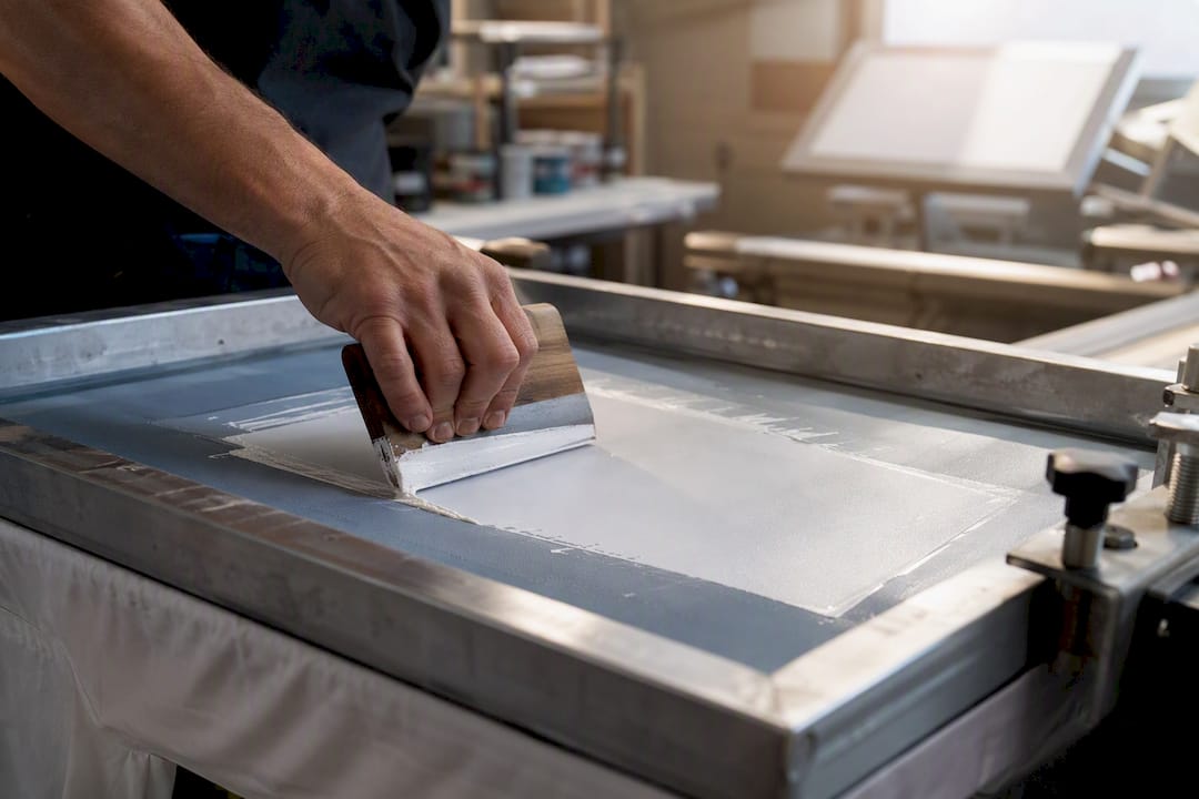 Racla che stende l'inchiostro sul telaio serigrafico