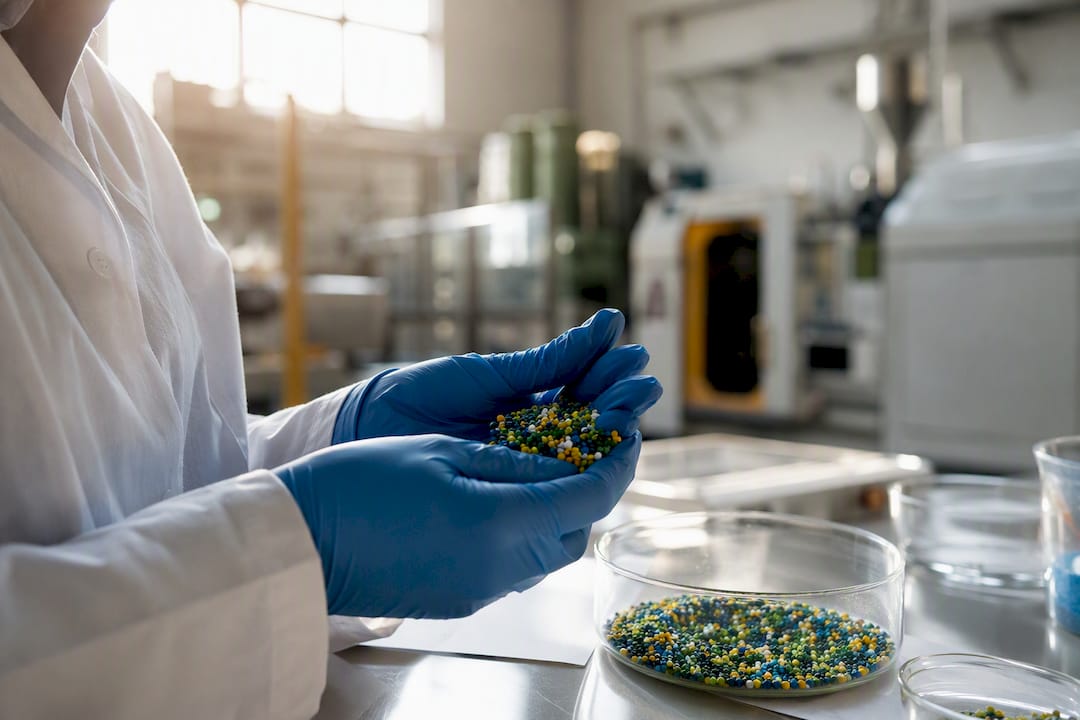 Mani che testano un lotto di plastica nel laboratorio di controllo qualità